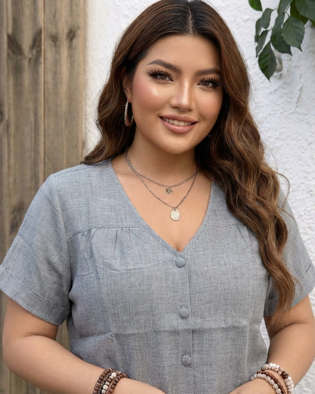 The Anya Side-Tie Top- Grey Textured V-Neck Top in Plus Sizes