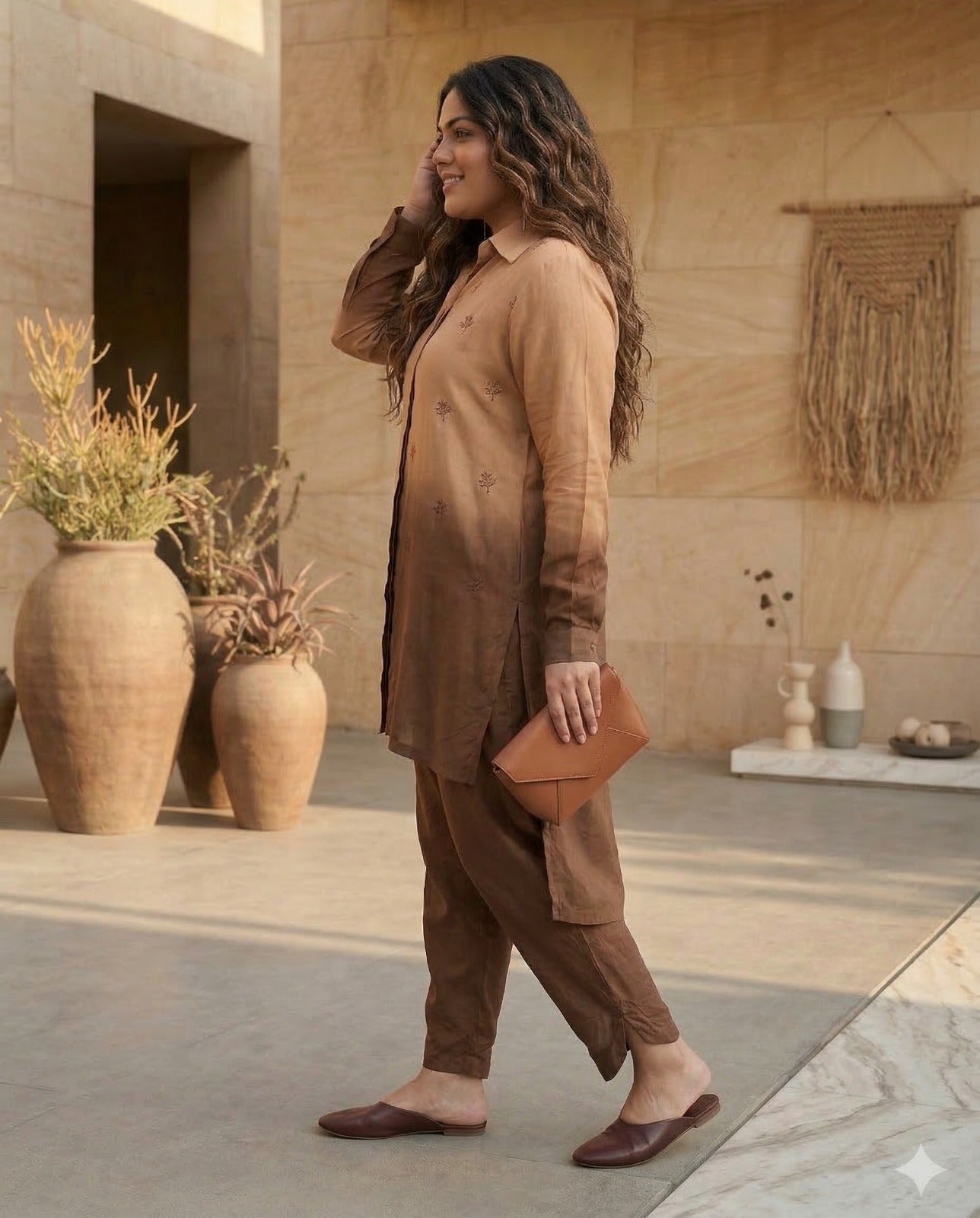 Ombre Dyed Muslin Silk High Low Shirt & Pant Set