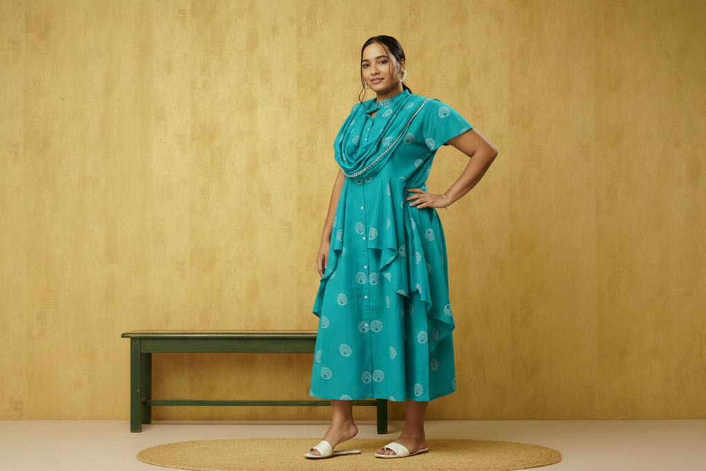 Blue colored online plus size dress in cotton