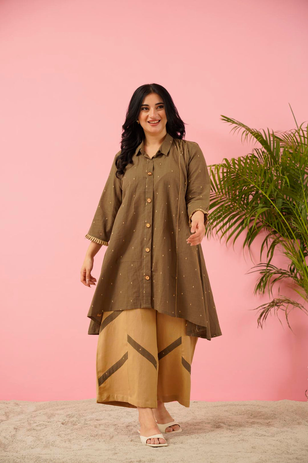 Brown Aline Tunic Cotton Co-ord Set | Western Style Smart Silhouette