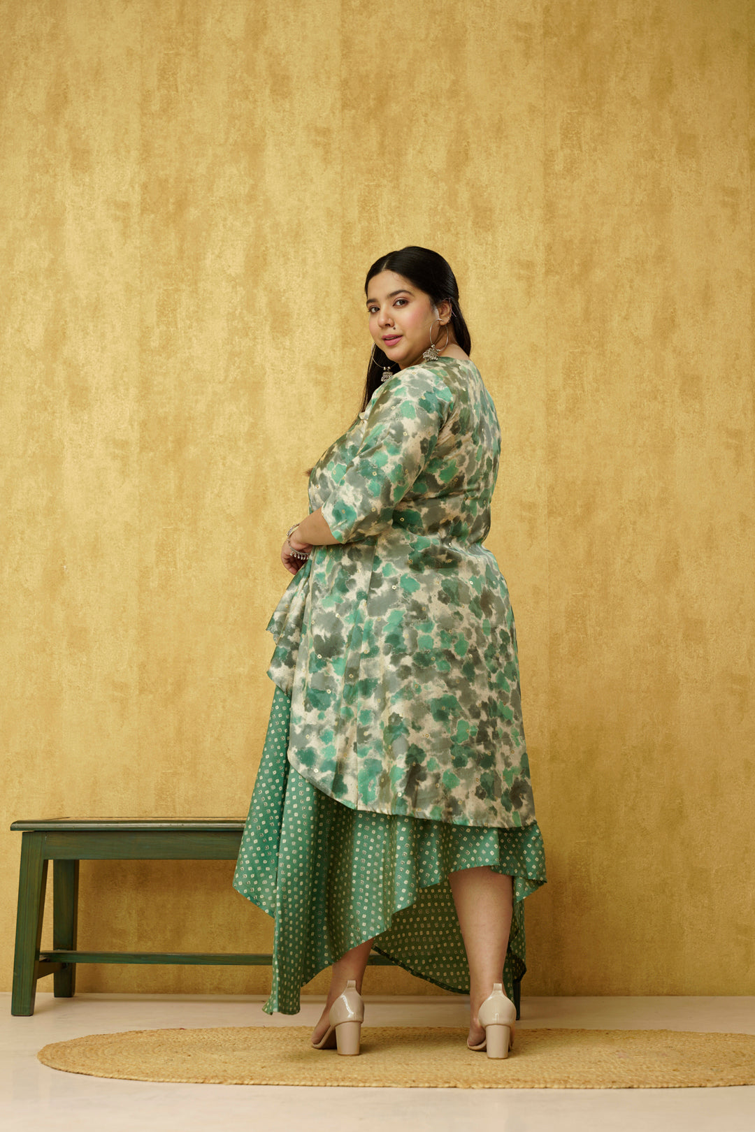 Chanderi Green Plus Size Indo Western Set for females