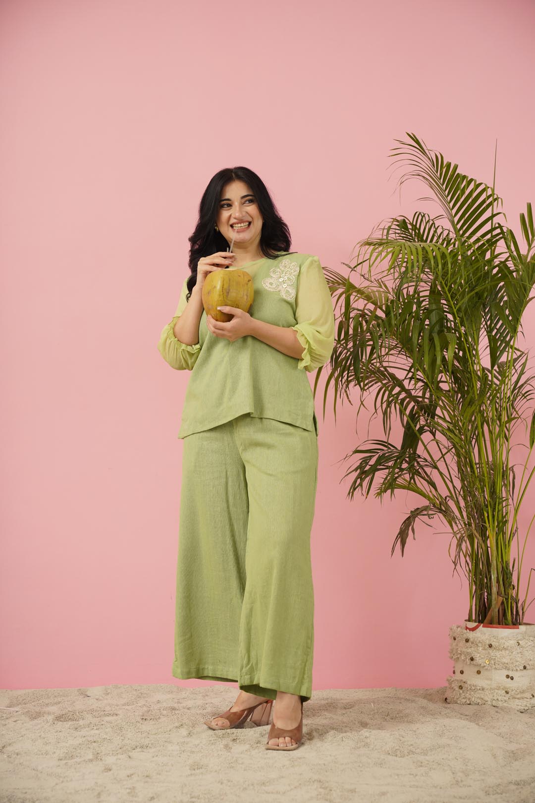 Ethereal Serenity: Pastel Green Co-ord Set with Chiffon Sleeves