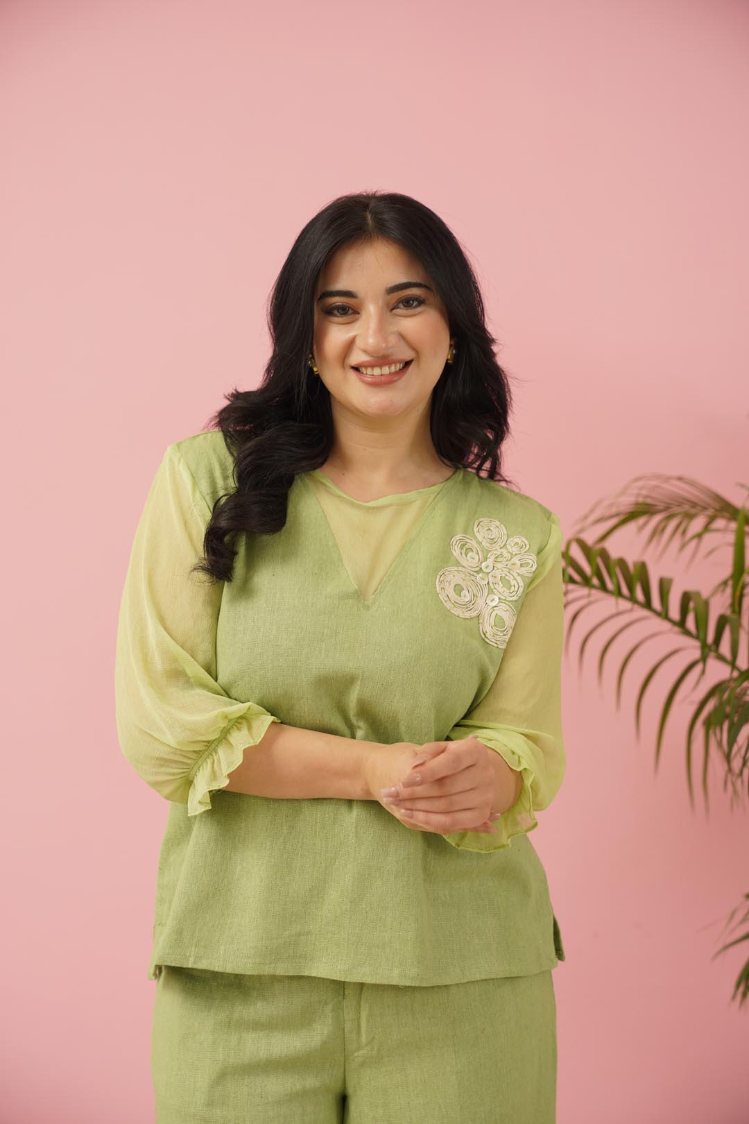 Ethereal Serenity: Pastel Green Co-ord Set with Chiffon Sleeves