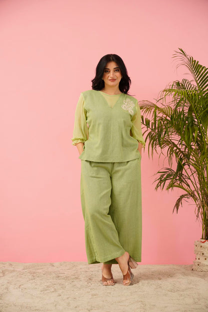 Ethereal Serenity: Pastel Green Co-ord Set with Chiffon Sleeves