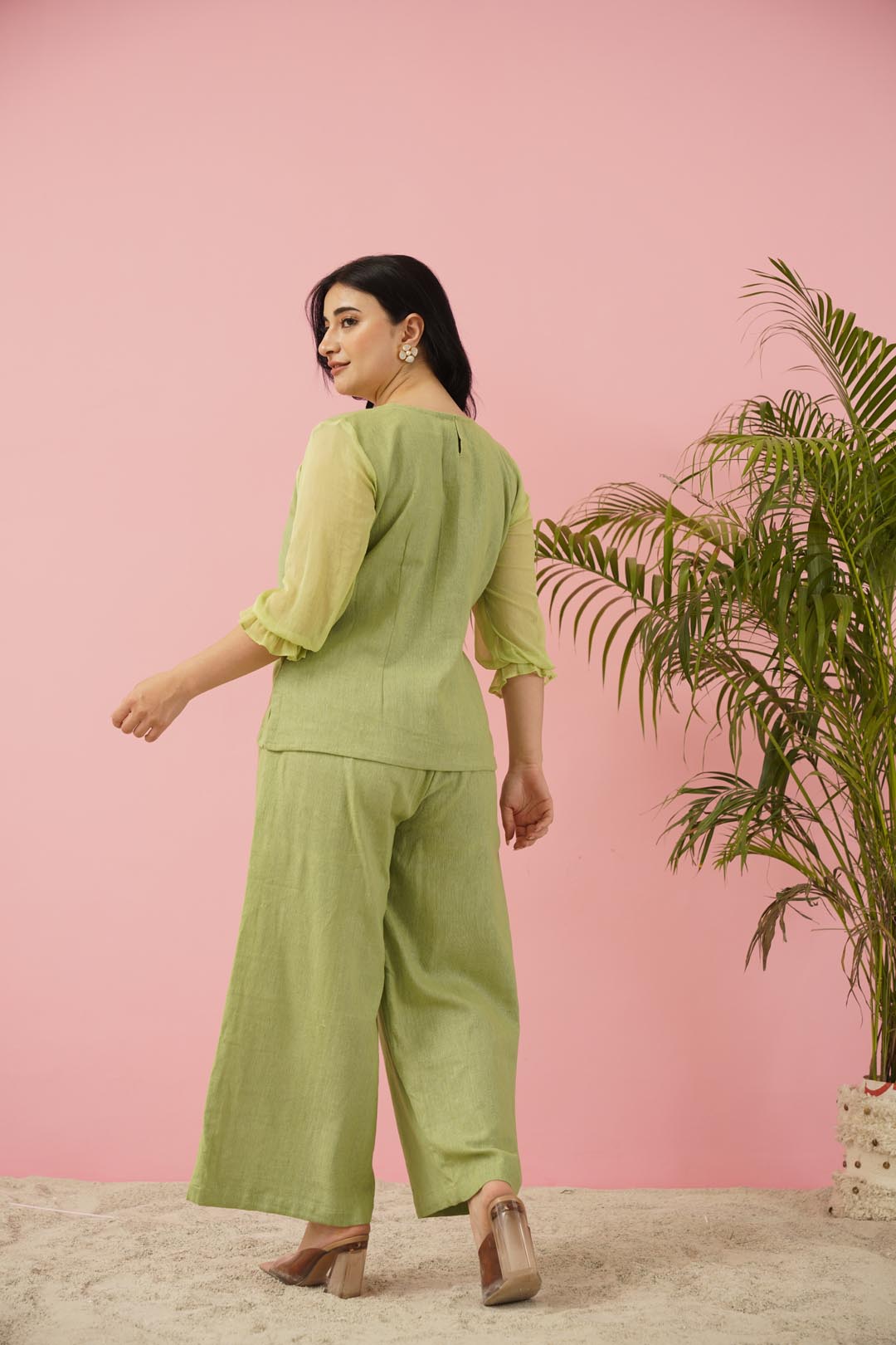 Ethereal Serenity: Pastel Green Co-ord Set with Chiffon Sleeves