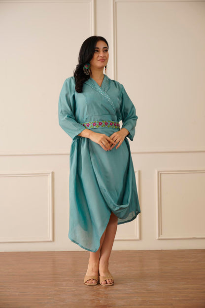 Aqua Blue Silk Indo-western Dress