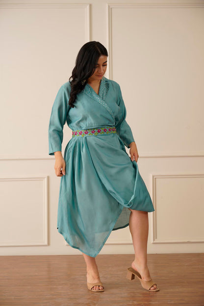 Aqua Blue Silk Indo-western Dress