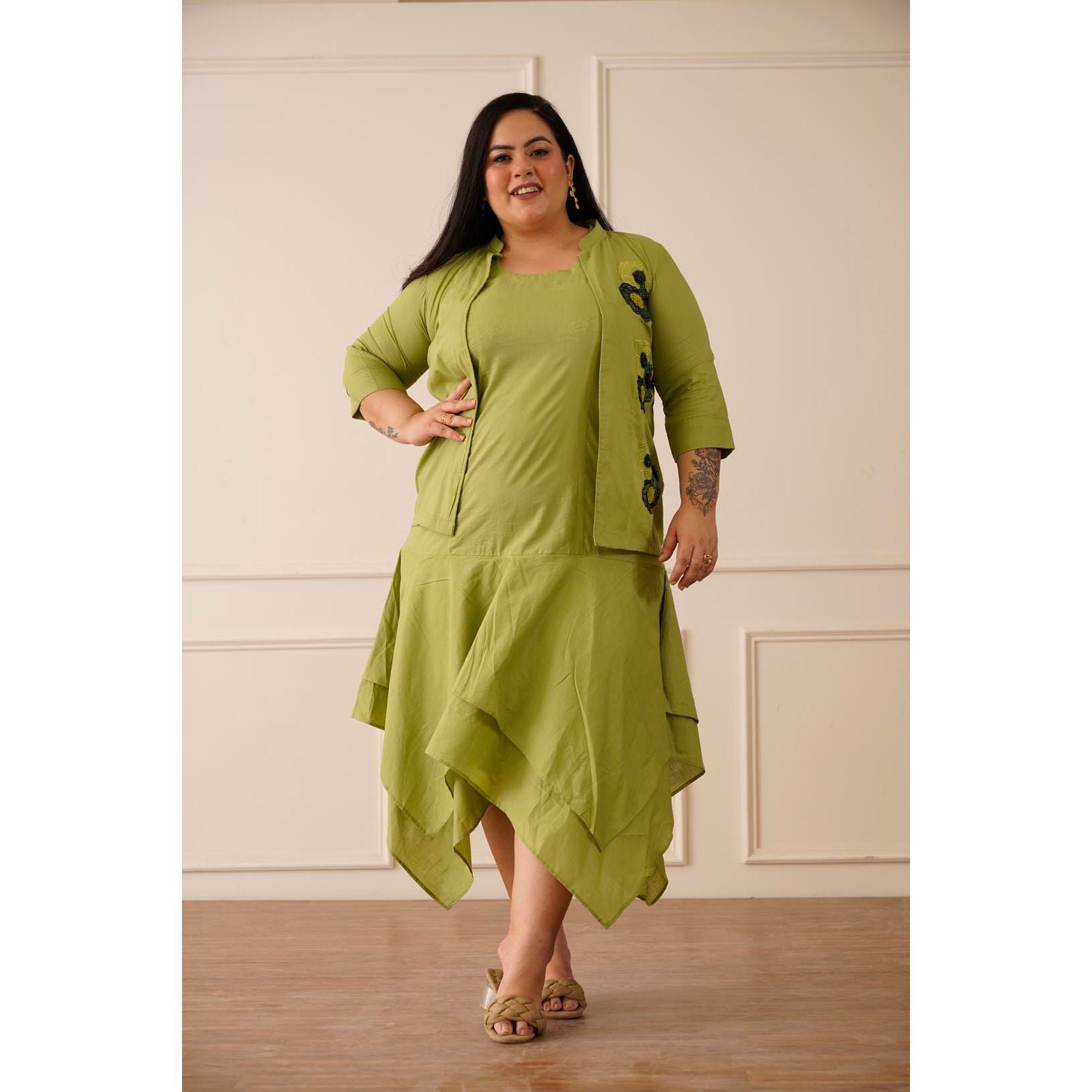 Lime Green 2-Piece Dress Set with Embroidered Shrug