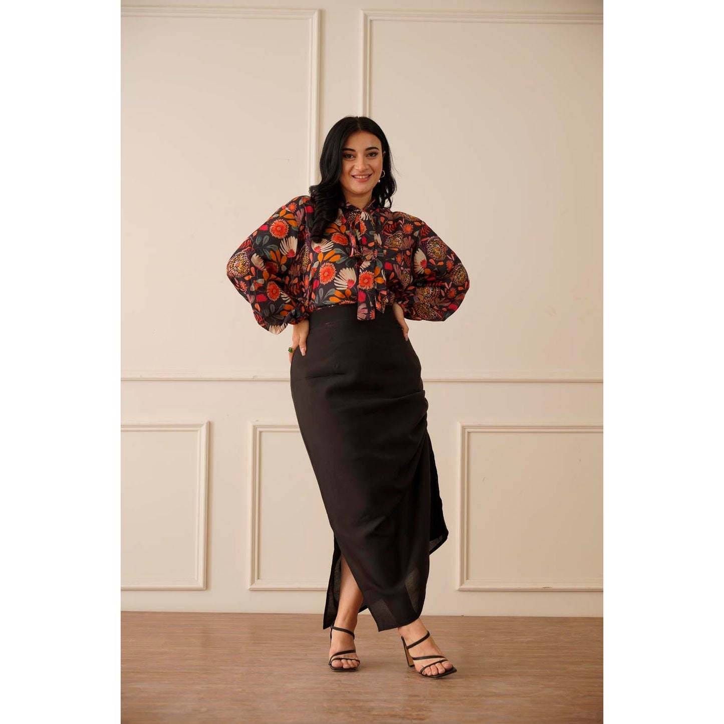 Alluring Multicolour Floral Print  Black CO-ord Set