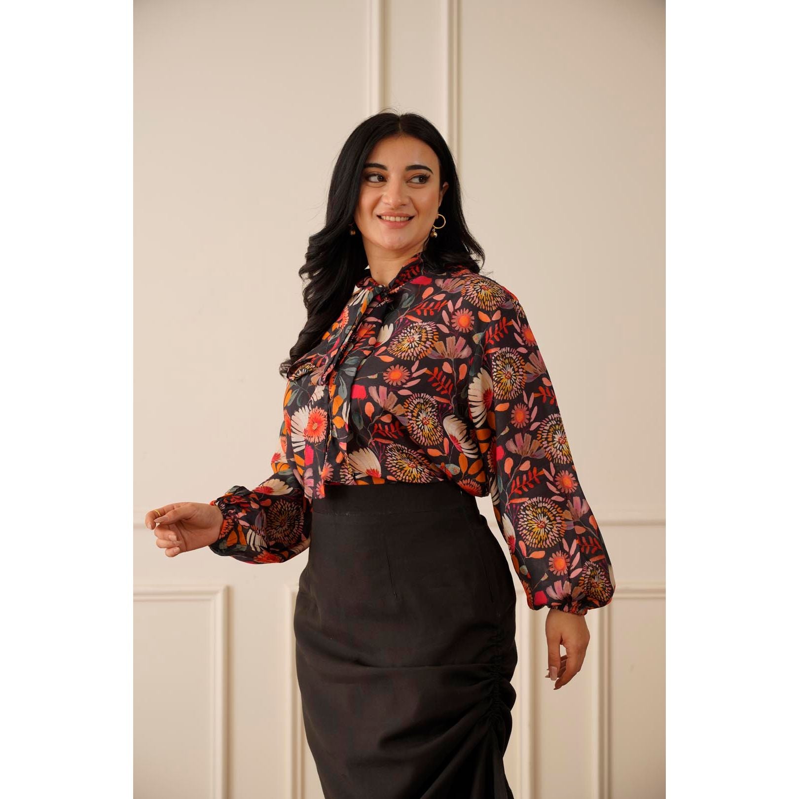 Floral Bow Top & Draped Tulip Skirt Set | Midnight Floral Collection